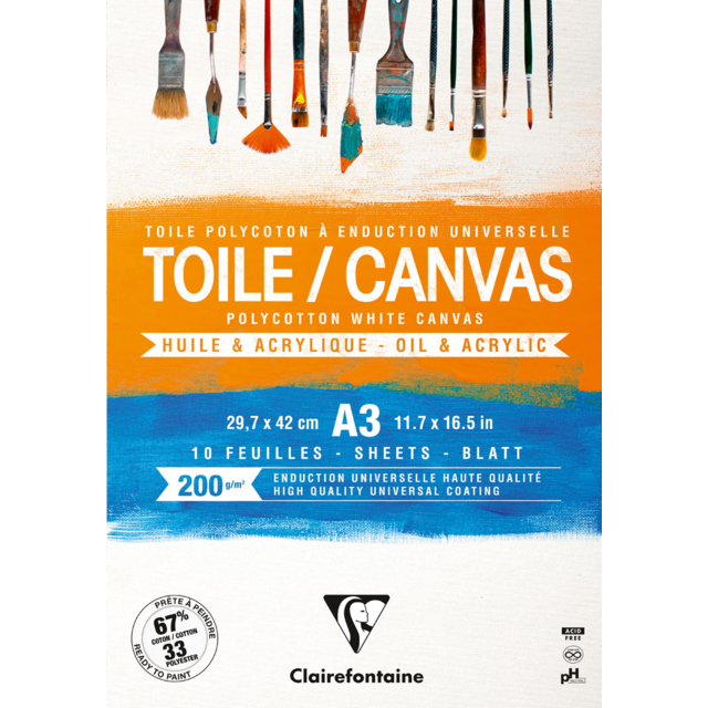 Clarefontaine 200gsm White Primed Canvas Pad A3 10sheets