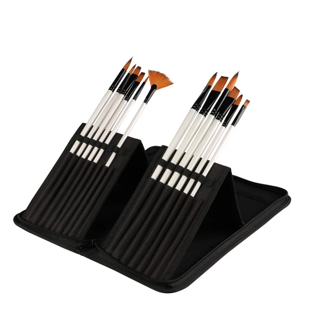 Long Handled Synthetic Artists Brushes in Wallet - Set of 12 Brushes