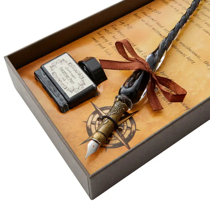 World Map Black Glass Pen Calligraphy Set