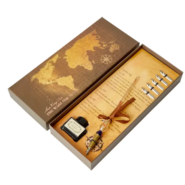 World Map Glass Nib Dip Pen Set