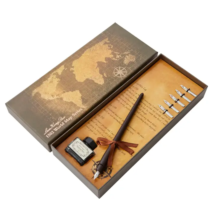 World Map Wooden Dip Pen Calligraphy Set
