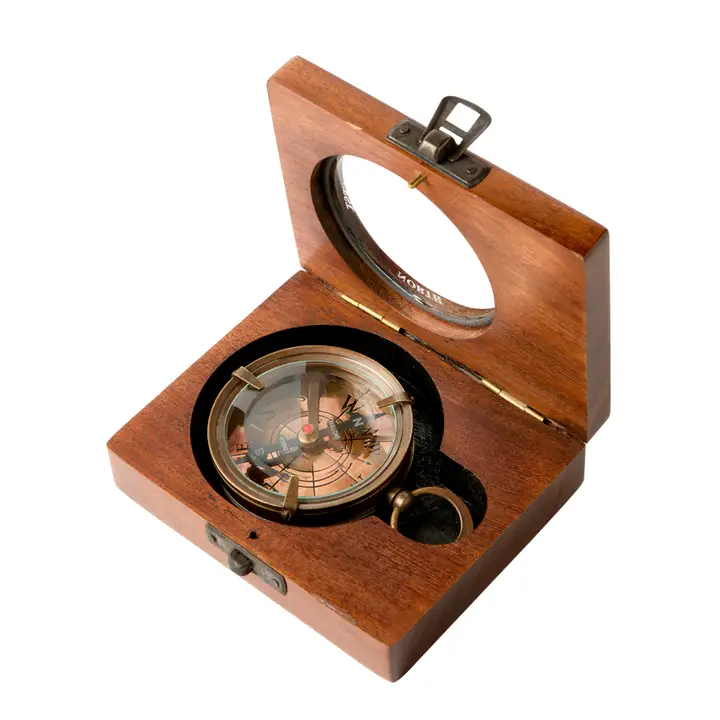 Antique Brass Compass in Wooden Box